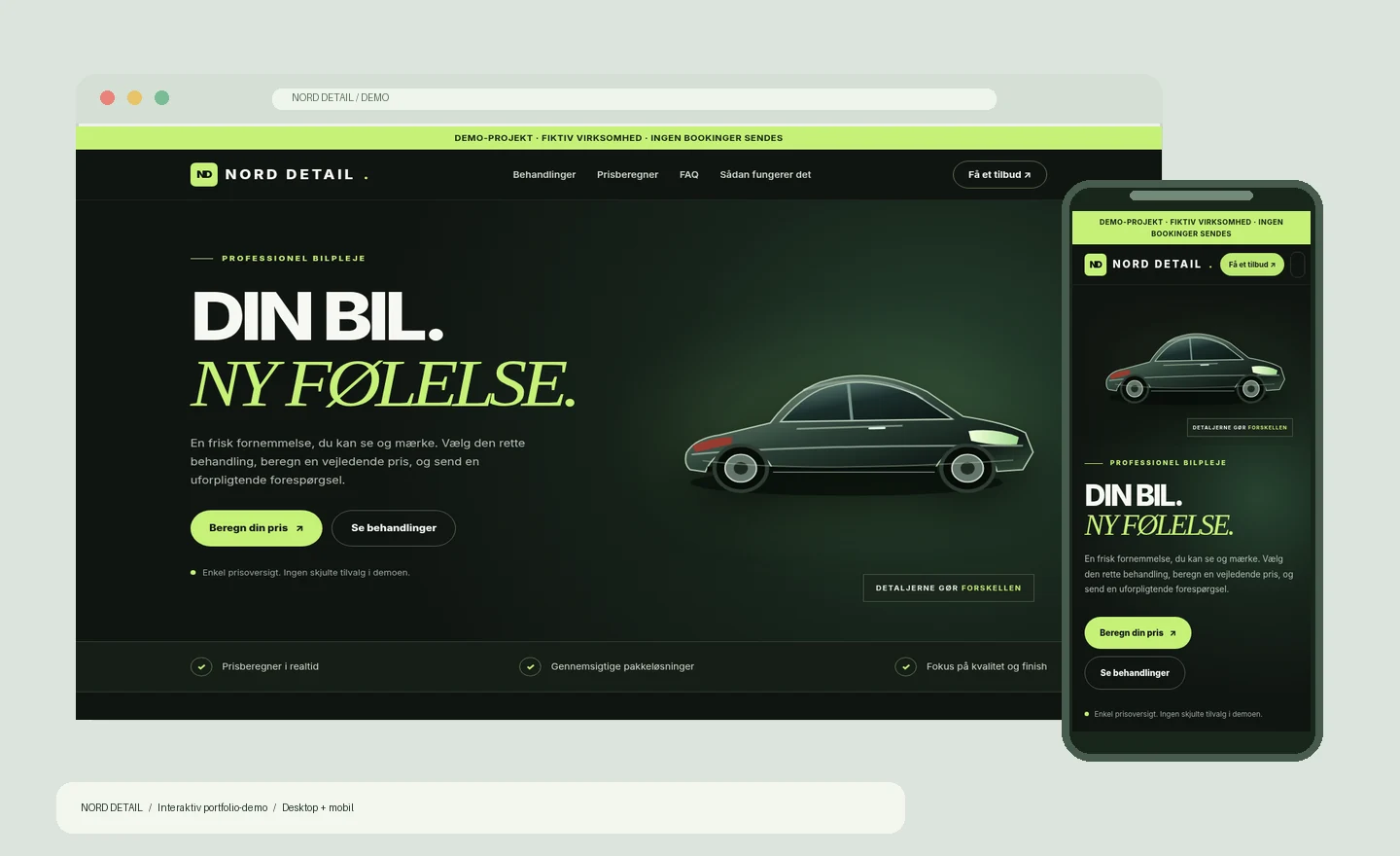 NORD DETAIL fictional car detailing website shown in desktop and mobile layouts